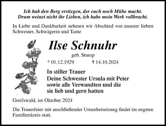 Traueranzeige von Ilse Schnuhr von Ostsee-Zeitung GmbH