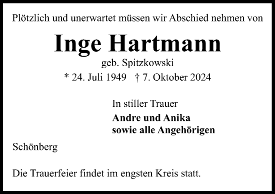 Traueranzeige von Inge Hartmann von Kieler Nachrichten