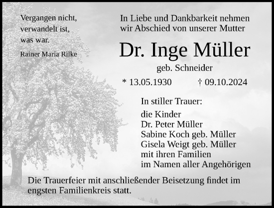 Traueranzeige von Inge Müller von Ostsee-Zeitung GmbH