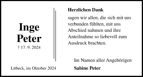 Traueranzeige von Inge Peter von Lübecker Nachrichten