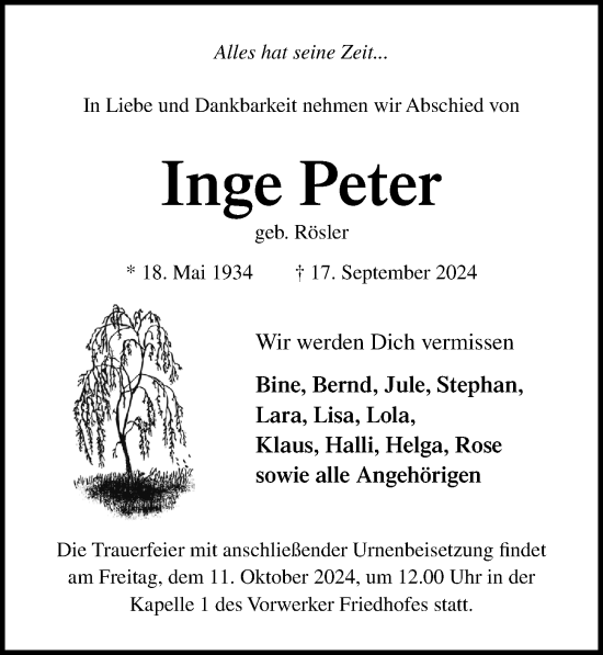 Traueranzeige von Inge Peter von Lübecker Nachrichten