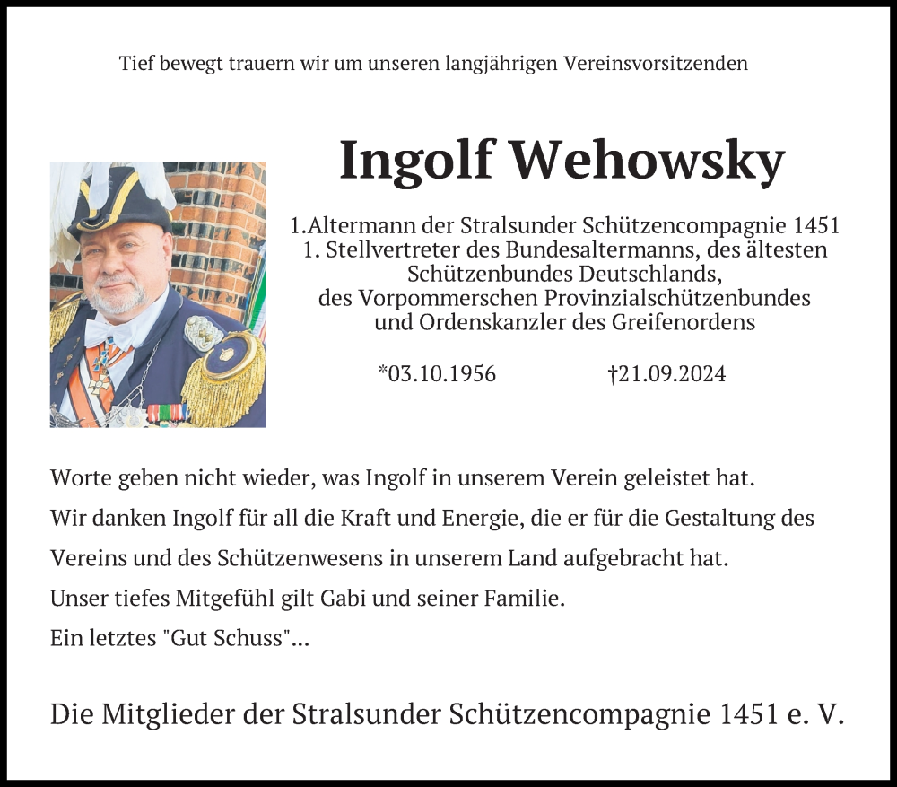  Traueranzeige für Ingolf Wehowsky vom 04.10.2024 aus Ostsee-Zeitung GmbH