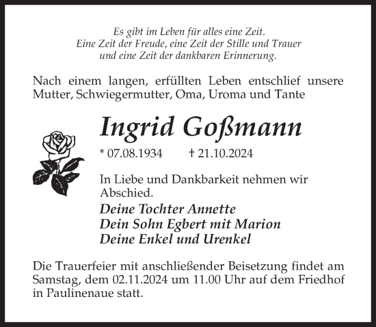 Traueranzeige von Ingrid Goßmann von Märkischen Allgemeine Zeitung