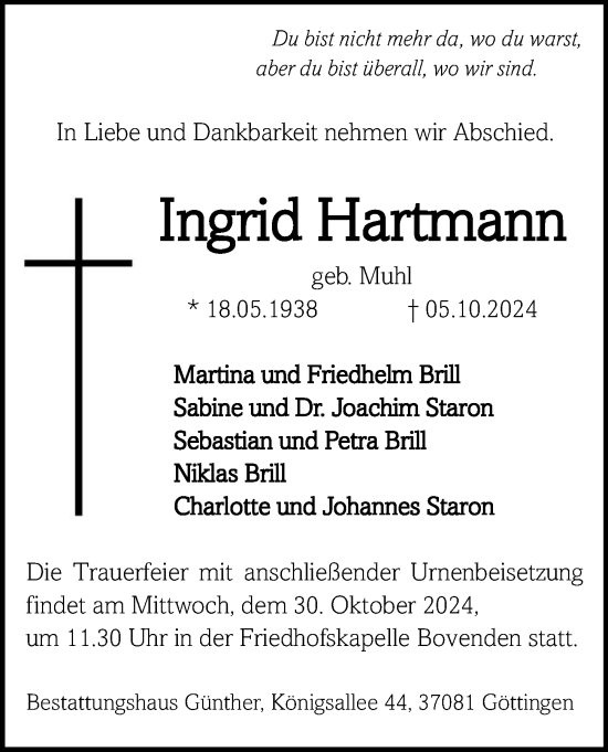 Traueranzeige von Ingrid Hartmann von Göttinger Tageblatt