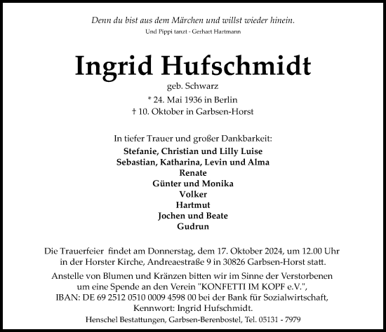 Traueranzeige von Ingrid Hufschmidt von Hannoversche Allgemeine Zeitung/Neue Presse