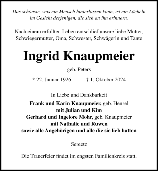 Traueranzeige von Ingrid Knaupmeier von Lübecker Nachrichten