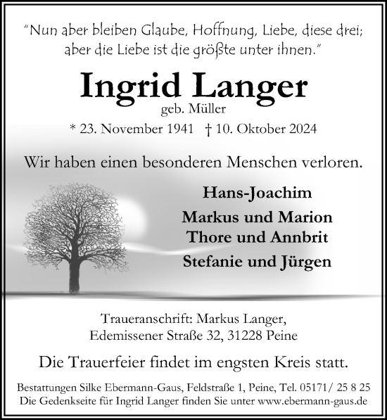 Traueranzeige von Ingrid Langer von Peiner Allgemeine Zeitung