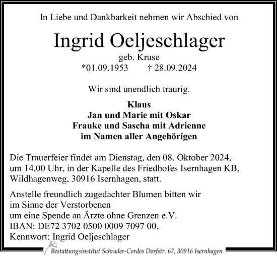 Traueranzeige von Ingrid Oeljeschlager von Hannoversche Allgemeine Zeitung/Neue Presse