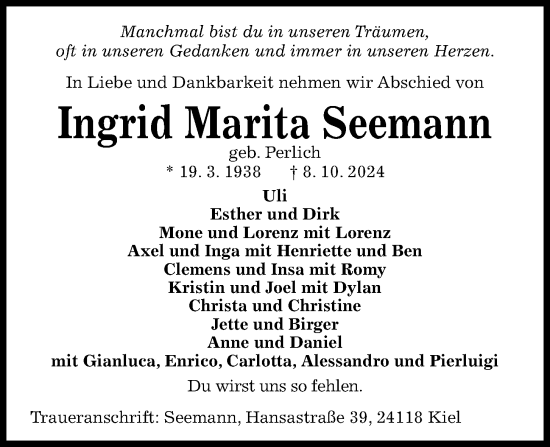 Traueranzeige von Ingrid Marita Seemann von Kieler Nachrichten