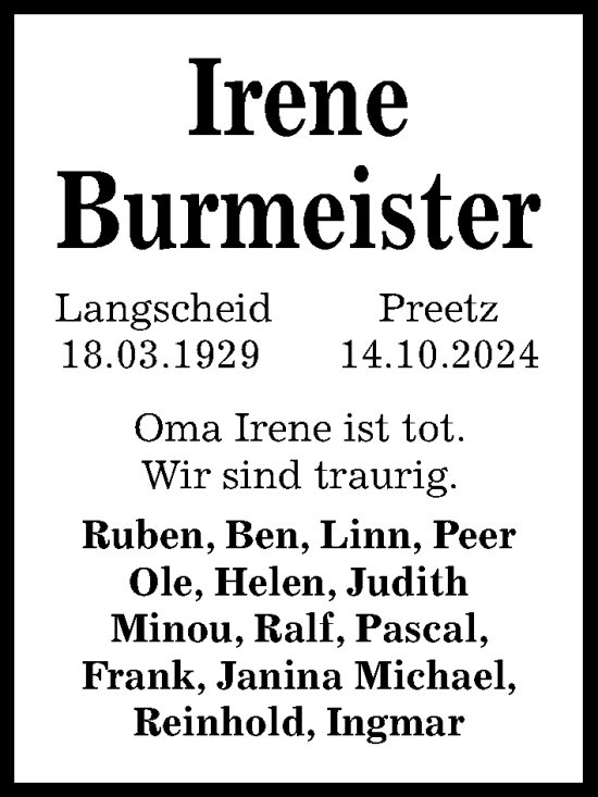 Traueranzeige von Irene Burmeister von Kieler Nachrichten