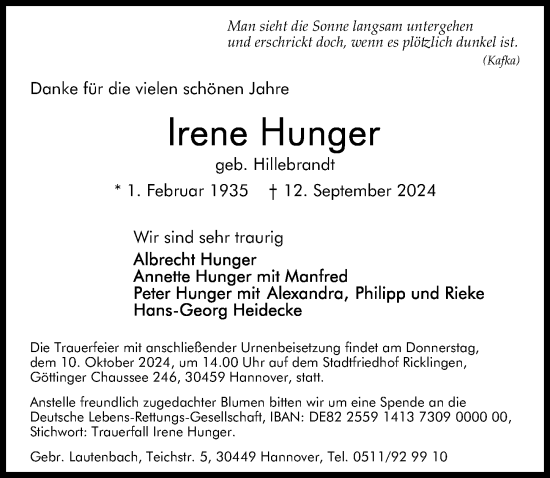 Traueranzeige von Irene Hunger von Hannoversche Allgemeine Zeitung/Neue Presse