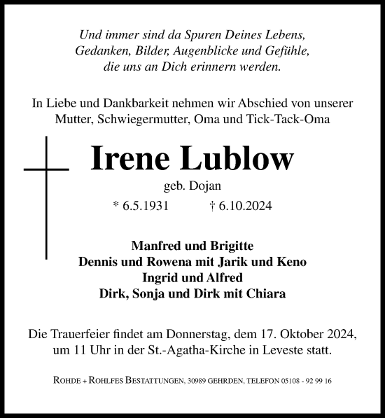 Traueranzeige von Irene Lublow von Hannoversche Allgemeine Zeitung/Neue Presse