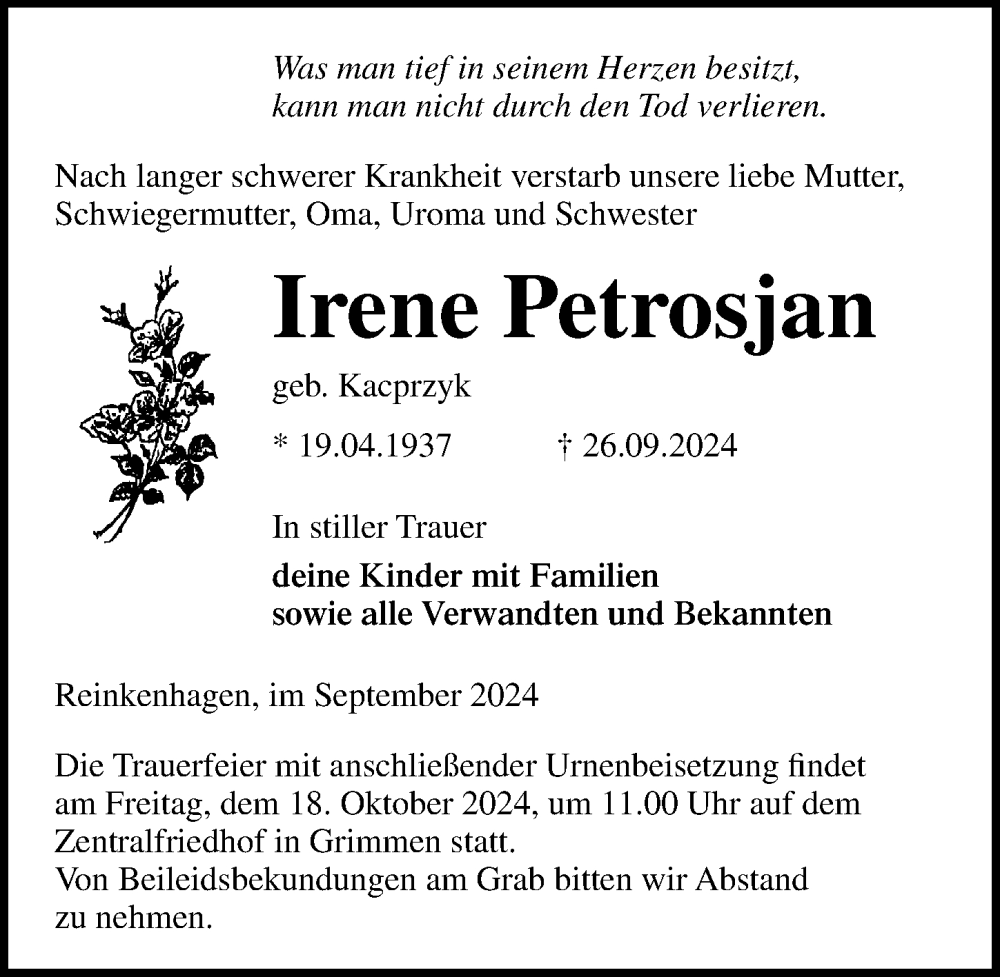  Traueranzeige für Irene Petrosjan vom 05.10.2024 aus Ostsee-Zeitung GmbH