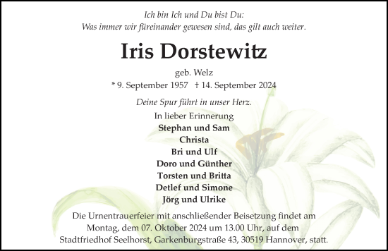 Traueranzeige von Iris Dorstewitz von Hannoversche Allgemeine Zeitung/Neue Presse