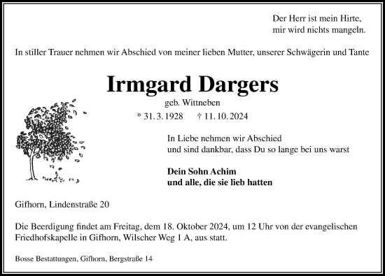 Traueranzeige von Irmgard Dargers von Aller Zeitung