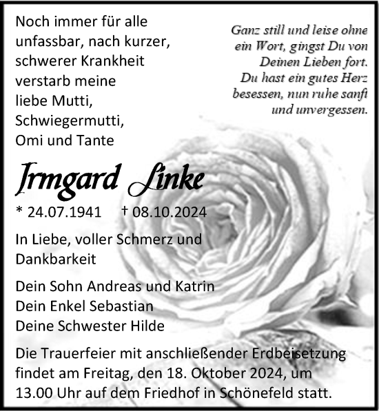 Traueranzeige von Irmgard Linke von Märkischen Allgemeine Zeitung