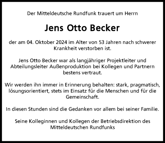 Traueranzeige von Jens Becker von Leipziger Volkszeitung