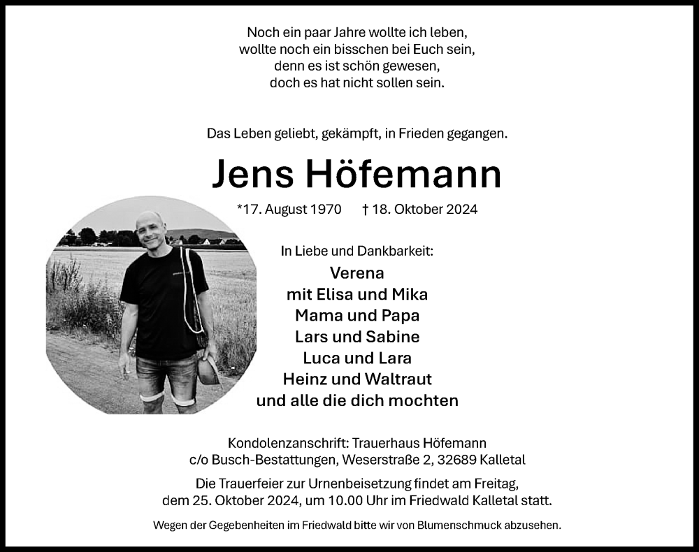  Traueranzeige für Jens Höfemann vom 23.10.2024 aus Schaumburger Nachrichten und Schaumburger Zeitung/ Landes-Zeitung