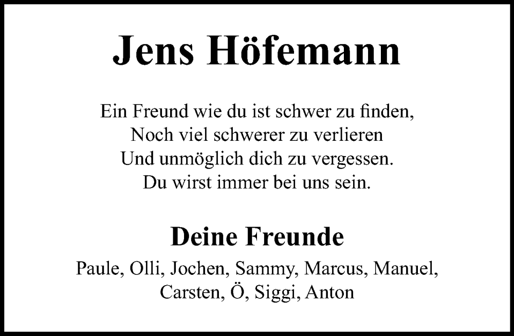  Traueranzeige für Jens Höfemann vom 23.10.2024 aus Schaumburger Nachrichten und Schaumburger Zeitung/ Landes-Zeitung