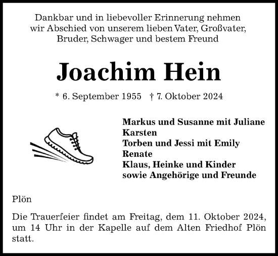 Traueranzeige von Joachim Hein von Kieler Nachrichten