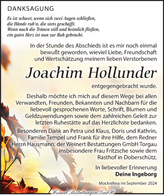 Traueranzeige von Joachim Hollunder von Torgauer Zeitung