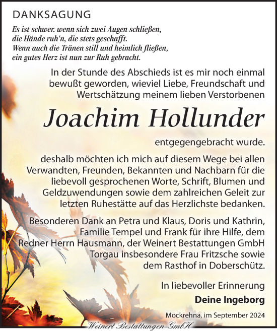 Traueranzeige von Joachim Hollunder von Leipziger Volkszeitung