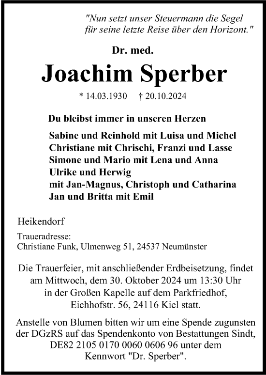 Traueranzeige von Joachim Sperber von Kieler Nachrichten