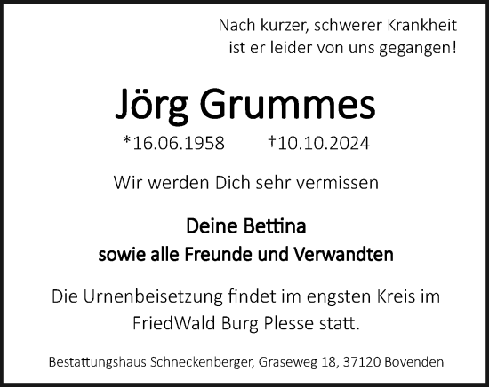 Traueranzeige von Jörg Grummes von Göttinger Tageblatt