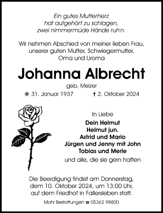 Traueranzeige von Johanna Albrecht von Aller Zeitung