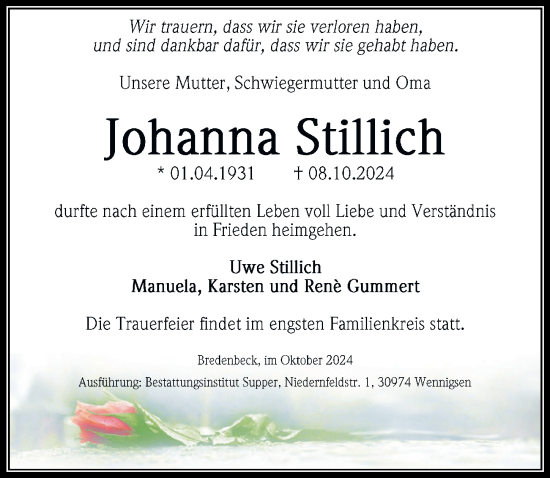 Traueranzeige von Johanna Stillich von Hannoversche Allgemeine Zeitung/Neue Presse