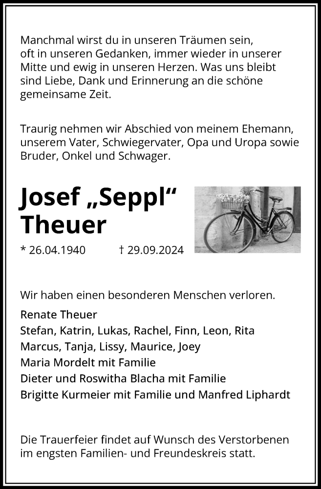  Traueranzeige für Josef Theuer vom 05.10.2024 aus Peiner Allgemeine Zeitung