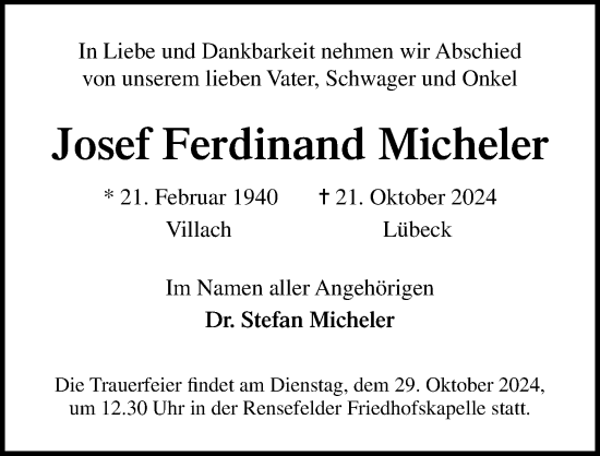 Traueranzeige von Josef Ferdinand Micheler von Lübecker Nachrichten