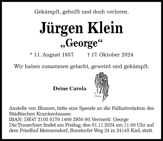 Traueranzeige von Jürgen Klein von Kieler Nachrichten