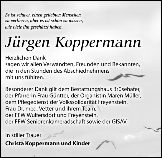 Traueranzeige von Jürgen Koppermann von Wochenspiegel