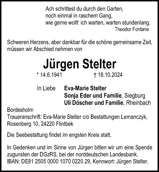 Traueranzeige von Jürgen Stelter von Kieler Nachrichten