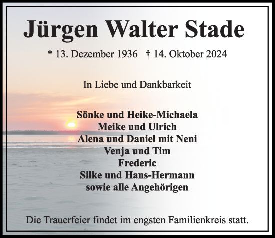 Traueranzeige von Jürgen Walter Stade von Kieler Nachrichten