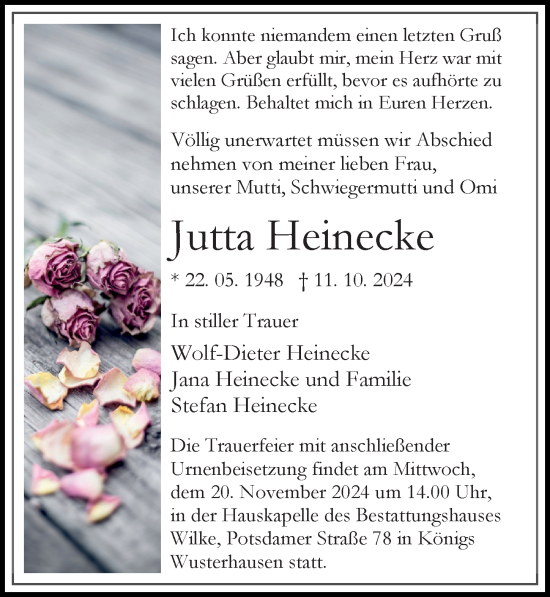 Traueranzeige von Jutta Heinecke von Märkischen Allgemeine Zeitung