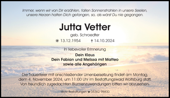 Traueranzeige von Jutta Vetter von Aller Zeitung