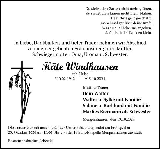 Traueranzeige von Käte Windhausen von Göttinger Tageblatt