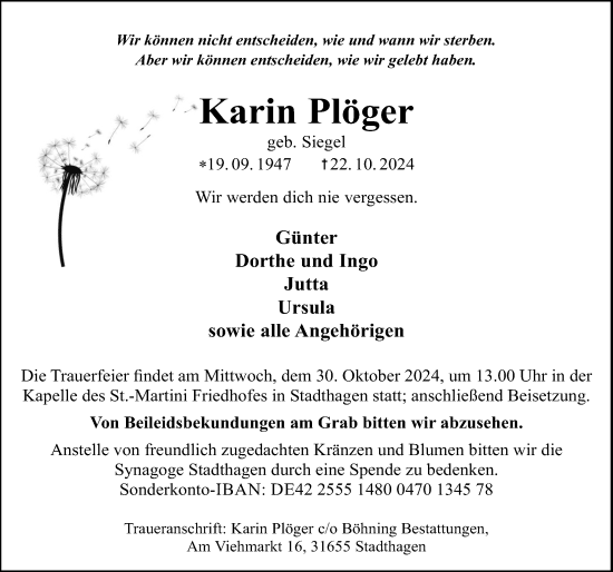 Traueranzeige von Karin Plöger von Schaumburger Nachrichten