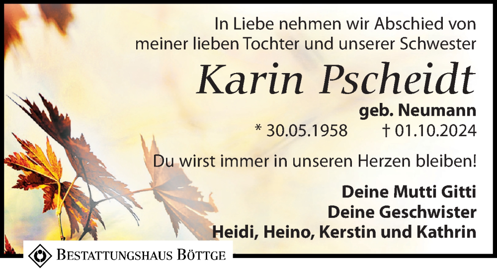  Traueranzeige für Karin Pscheidt vom 26.10.2024 aus Leipziger Volkszeitung