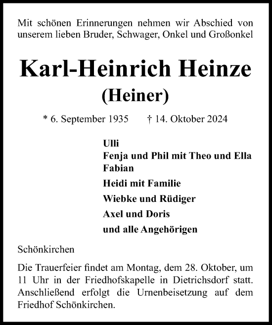 Traueranzeige von Karl-Heinrich Heinze von Kieler Nachrichten