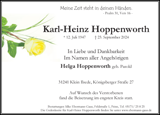 Traueranzeige von Karl-Heinz Hoppenworth von Peiner Allgemeine Zeitung