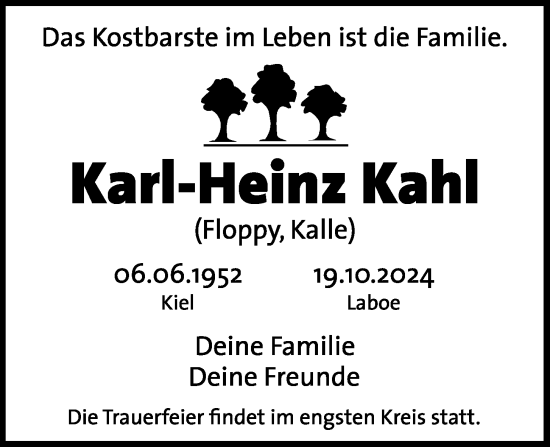 Traueranzeige von Karl-Heinz Kahl von Kieler Nachrichten