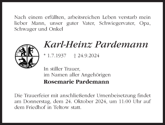 Traueranzeige von Karl-Heinz Pardemann von Märkischen Allgemeine Zeitung