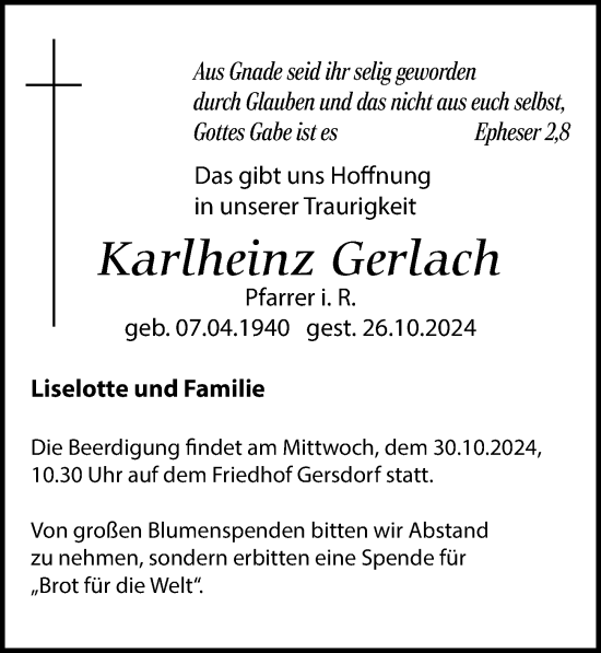 Traueranzeige von Karlheinz Gerlach von Leipziger Volkszeitung