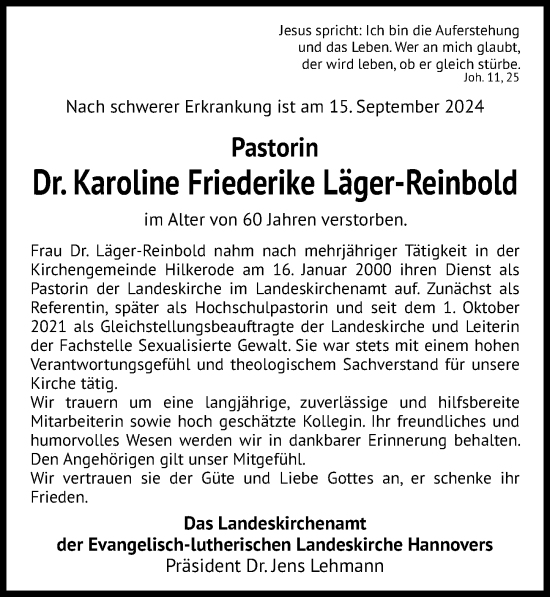 Traueranzeige von Karoline Friederike Läger-Reinbold von Hannoversche Allgemeine Zeitung/Neue Presse