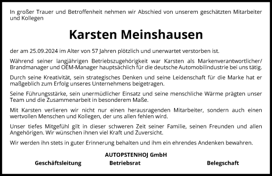 Traueranzeige von Karsten Meinshausen von Hannoversche Allgemeine Zeitung/Neue Presse