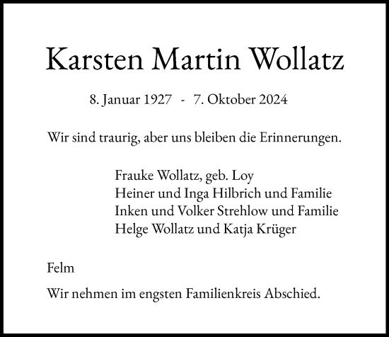 Traueranzeige von Karsten Martin Wollatz von Kieler Nachrichten