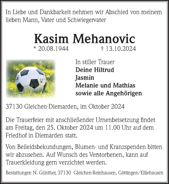 Traueranzeige von Kasim Mehanovic von Göttinger Tageblatt